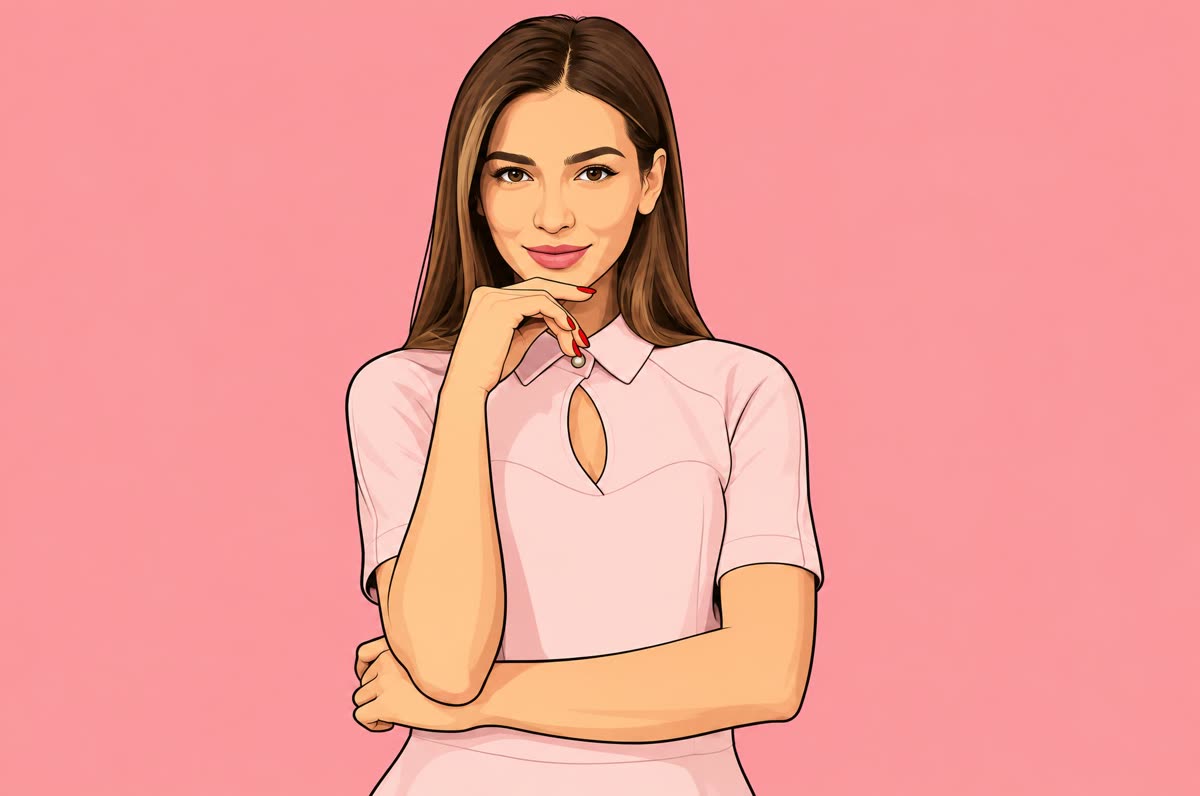 The same woman as a cartoon on a pink background