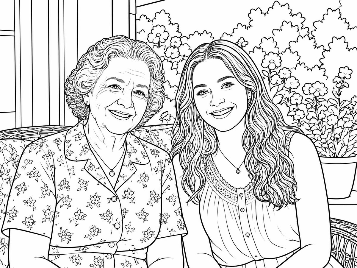 The same two women as a detailed coloring page
