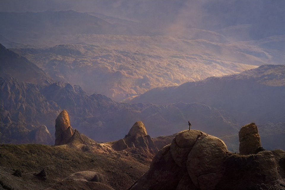 The same mountain landscape after AI colorization