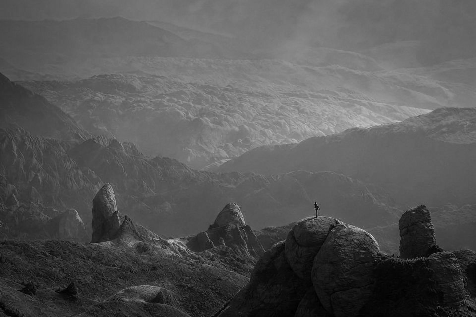 Mountain landscape with rock pillars in black and white