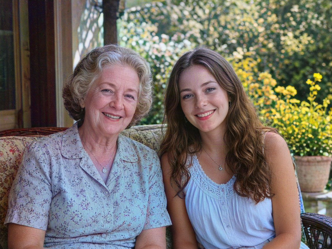 The same porch portrait after AI colorization, with natural skin tones