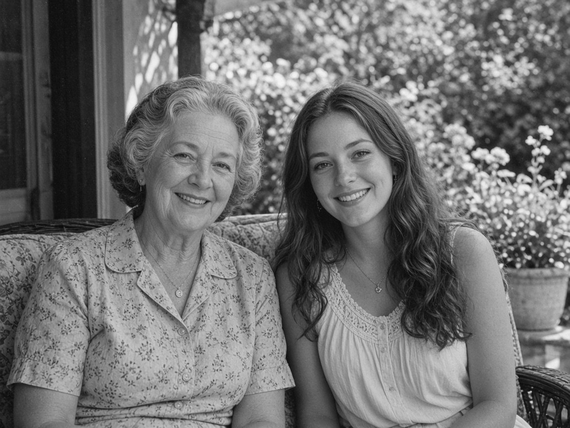 Older and younger woman on a porch in black and white